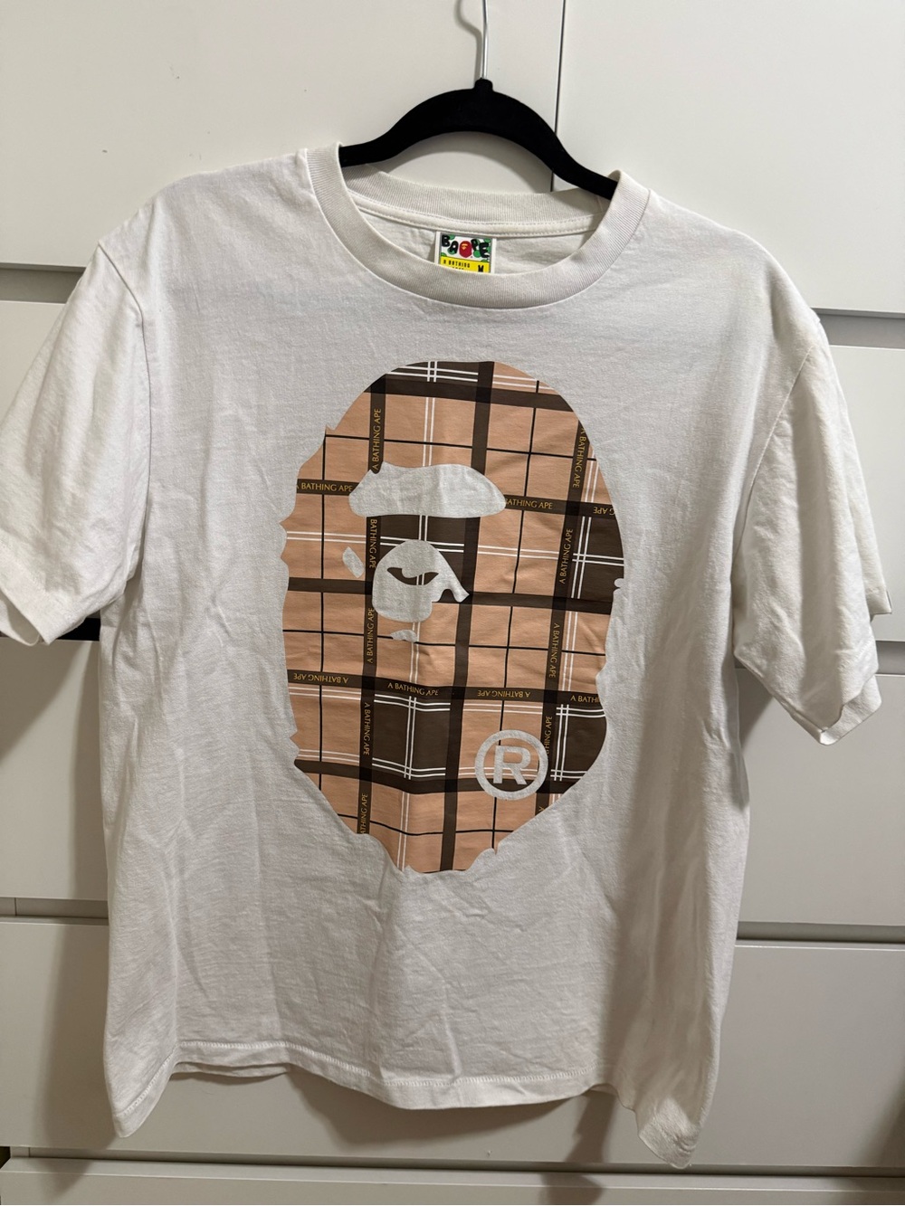 A Bathing Ape Plaid Ape Head Short Sleeve Tee - White/Tan
